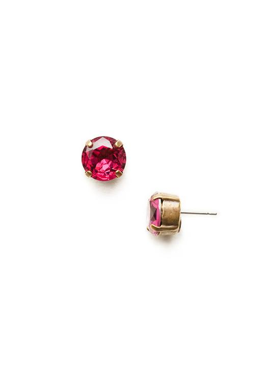 Fuschia Round Crystal Stud Earrings Antique Gold